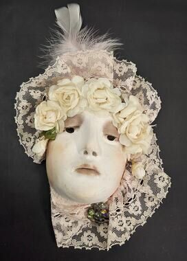 Vintage Plaster Lady Face Wall Mask Pink Lace Art Deco Style AB Bead Brooch 1984